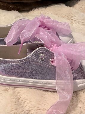Kids Metallic Lavender Sneakers with Pink Sheer Ribbon Laces